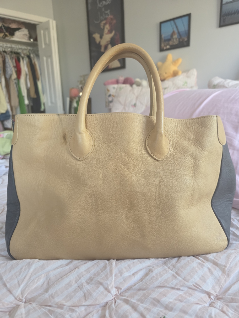 Classic Two-Tone Leather Tote Bag - Cream and Gray